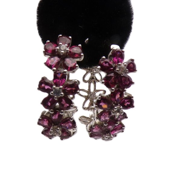 Chuck Clemency Sterling Silver Rhodolite Garnet Flowers Hoop Earrings - Picture 5 of 8